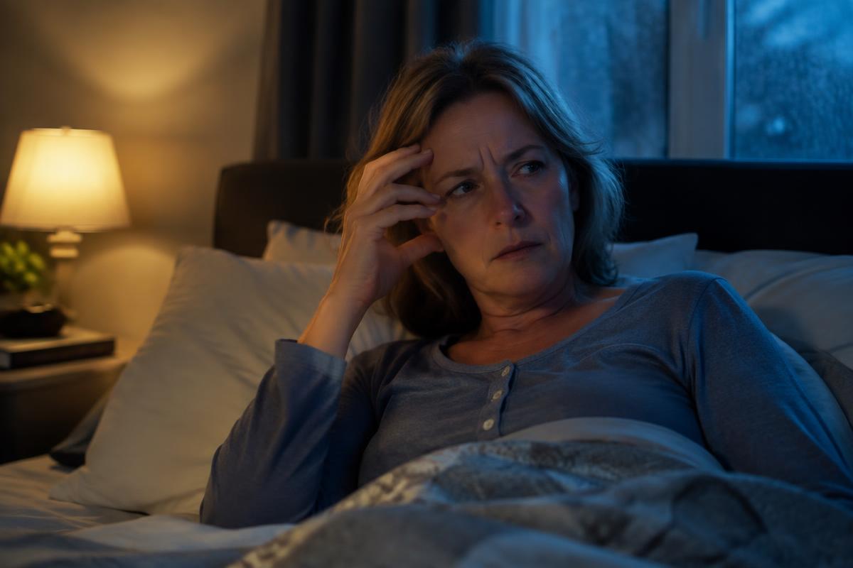 A confused woman awake in the middle of the night
